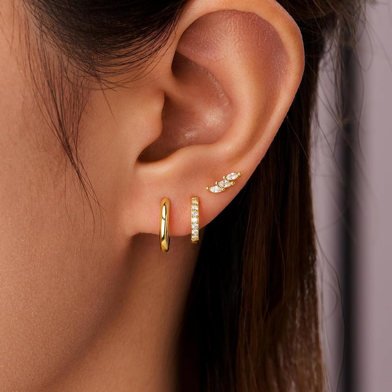 Inerney 14K Gold Plated Huggie Hoop Earrings for Women, Small Sterling Silver Earring Set Hypoallergenic Cartilage Helix Stacks, Mini Dainty Cute Trendy Birthstone Jewelry Gift for Multiple Piercings - Image 2